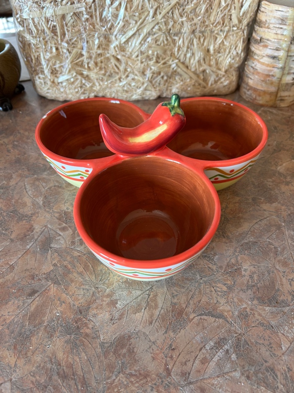 Vintage Clay Art Ceramic Chili Pepper Condiment Server With Center Handle